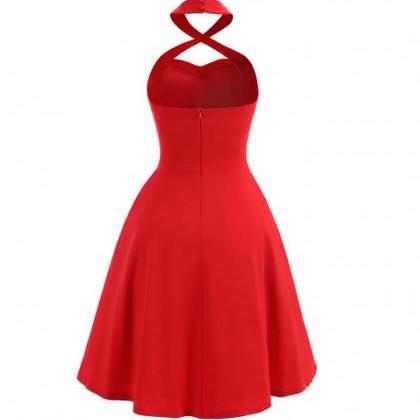 Red Halter Women Dresses, Vintage Style Tea Length..