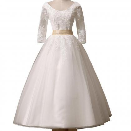 White Vintage Style Lace Tea Length Party Gowns,..