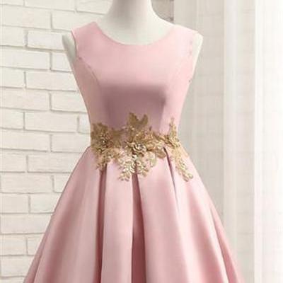 Pink Short Satin Homecoming Dress With Gold..
