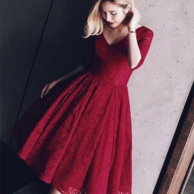 Burgundy Lace Prom Dresses, Short Sleeves Party..