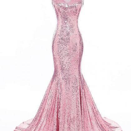 Pink Sequins Halter Long Mermaid Shinny Prom..