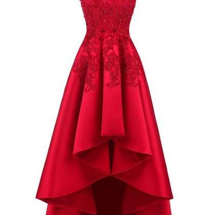 Red High Low Satin And Lace Round Neckline Party..