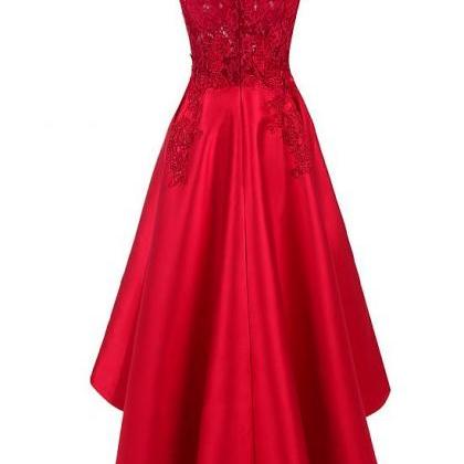 Red High Low Satin And Lace Round Neckline Party..