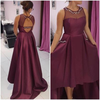High Low Satin Backless Beaded Cute Party Dresses,..