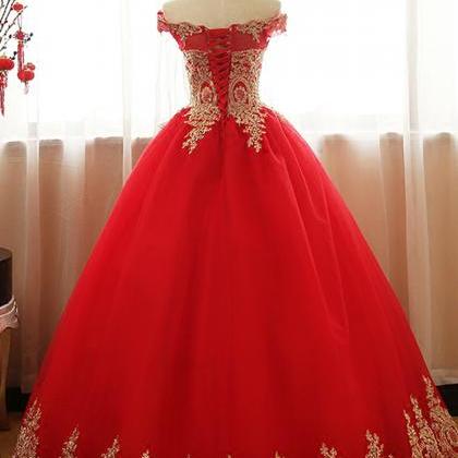 Red Tulle Ball Gown Long Party Gowns With Gold..