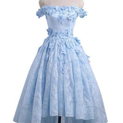 Ice Blue Off Shoulder Lace And Floral Cute Prom..