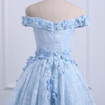 Ice Blue Off Shoulder Lace And Floral Cute Prom..