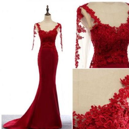 Wine Red Satin Mermaid Prom Dresses, Applique Prom..