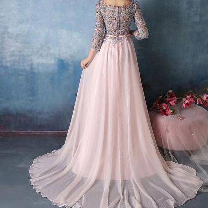 Charming Pink A-line Chiffon With Light Grey Lace..