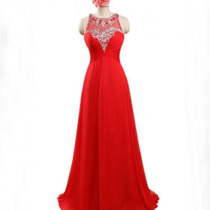 Red Round Neckline Beaded Chiffon Prom Dresses,..