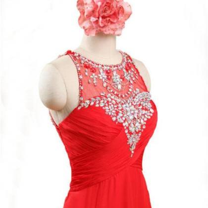 Red Round Neckline Beaded Chiffon Prom Dresses,..