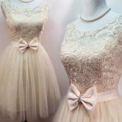 Lovely Champagne Tulle Homecoming Dresses, Lace..