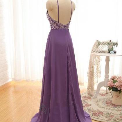 Purple Straps Beaded Floor Length Formal Dresses,..