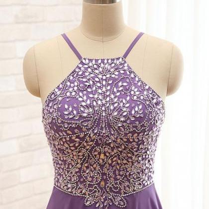 Purple Straps Beaded Floor Length Formal Dresses,..