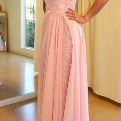 Chiffon And Lace Pink Prom Dresses, A-line Elegant..