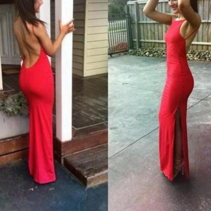 Sexy Red Mermaid Backless Slit Evening Party Dresses, Red Prom Dresses