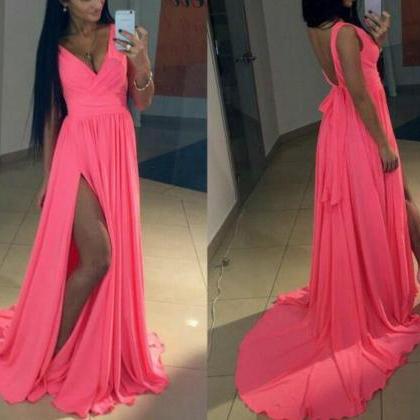 Dark Pink Deep V-neckline Chiffon Party Dress With..