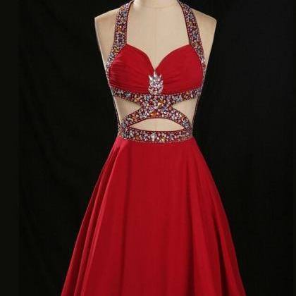Red Open Back Halter Homecoming Dress,backless..