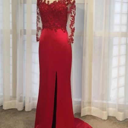 Beautiful Red Satin And Lace Applique Long Sleeves..