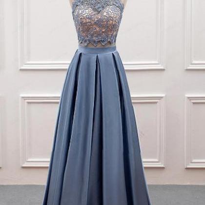 Two Piece Grey-blue Long Prom Dresses, Two Piece..