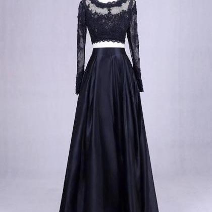 Black Two Piece Long Sleeves Prom Dresses, Two..