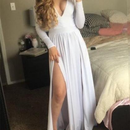 Long Sleeves V-neckline White Prom Dresses, Sexy..