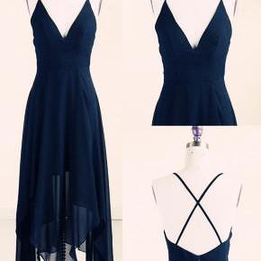Lovely Simple Navy Blue High Low Homecoming..