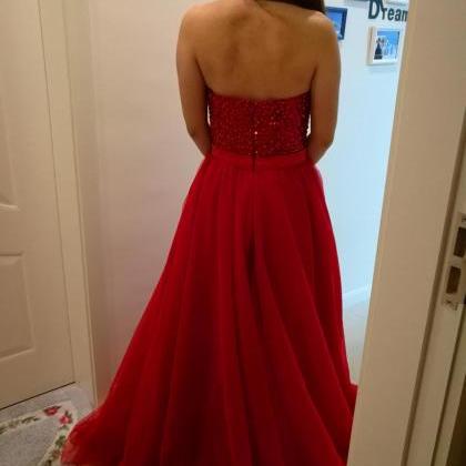 Red Sequins And Beading Bodice Tulle Prom Dresses,..