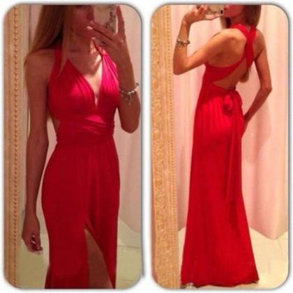 Charming Red Prom Dress, Sleeveless Halter Cross..