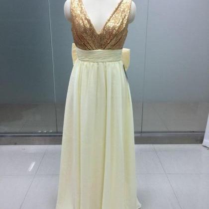 Simple V-neckline Gold Sequins Prom Dresses With..