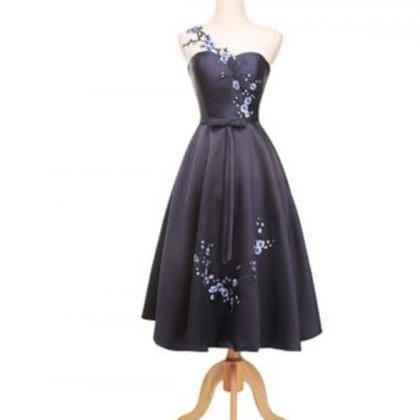 Navy Blue Vintage Style Tea Length Prom Dress With..