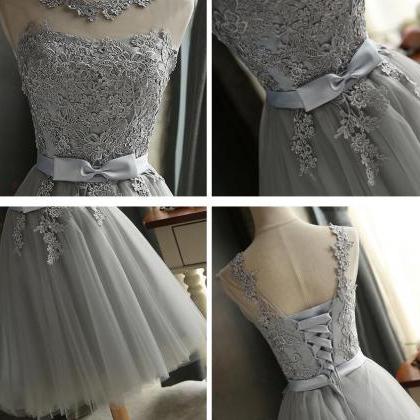 Grey Tulle Cute Knee Length Prom Dress Lace..
