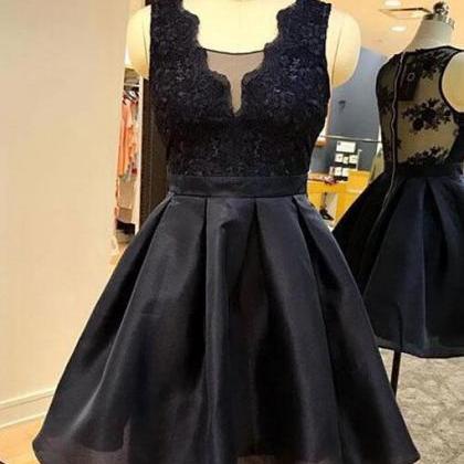 Cute Black Short Lace Applique Party Dresses,..