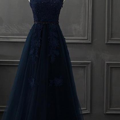Navy Blue A-line Long Prom Dresses, Blue Formal..