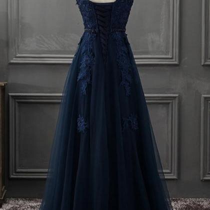Navy Blue A-line Long Prom Dresses, Blue Formal..