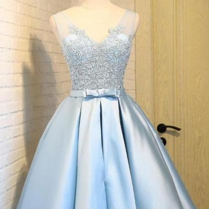 Light Blue Satin Short Prom Dresses, Blue..