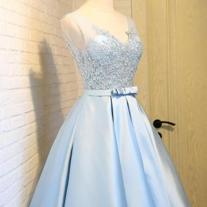 Light Blue Satin Short Prom Dresses, Blue..