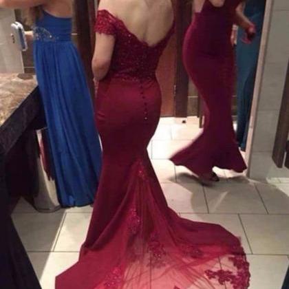Burgundy Prom Dresses 2018, Off Shoulder Party..