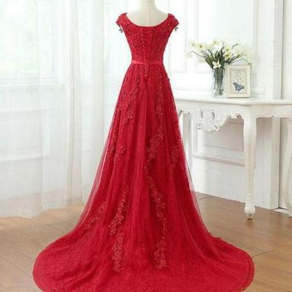 Lace And Tulle Long Burgundy Style Prom Dresses,..