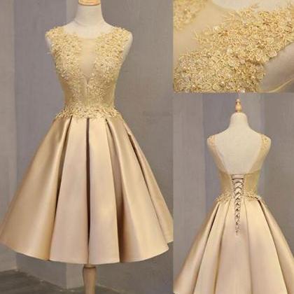 Gold Satin And Lace Short Homecoming Dresses,..