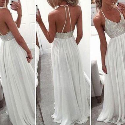 White A-line Backless Chic Prom Dresses, Halter..