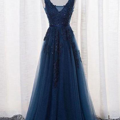 Beautiful Navy Blue Long Prom Dresses 2018, Formal..