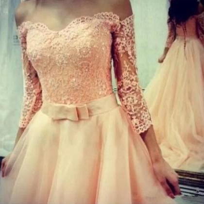 Pink Tulle Prom Dress With Applique, Off Shoulder..
