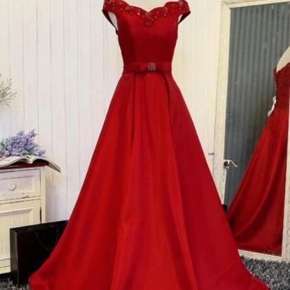 Satin Red Long Prom Dress With Beadings, Red..