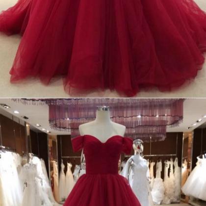 Wine Red Off Shoulder Princess Prom Gowns, Tulle..