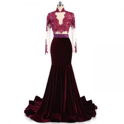 Charming Long Sleeves Mermaid Lace And Velvet Prom..