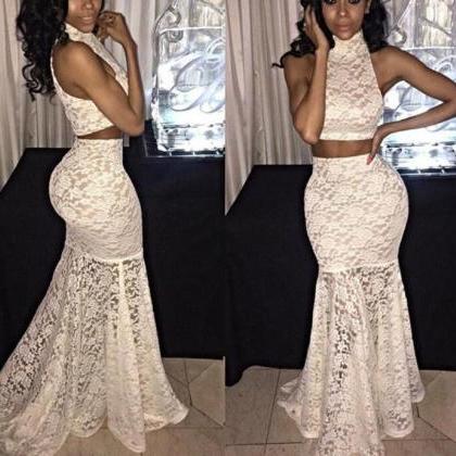 Sexy Two Pieces High Neck Lace Prom Dresses,..