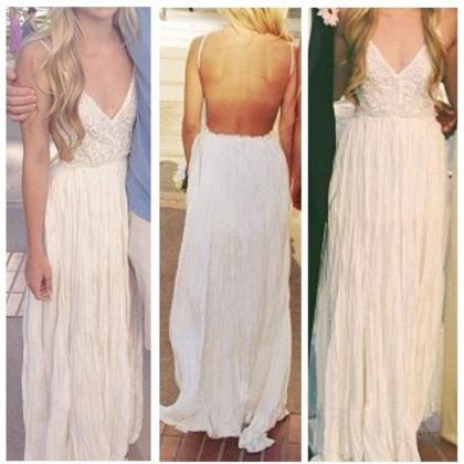 Simple Deep V-neckline Long White Prom Dresses,..