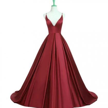 Satin Dark Red Long V-neck Open Back Prom Dress,..