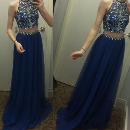 Blue Beaded Two Piece Party Dresses, Tulle Formal..